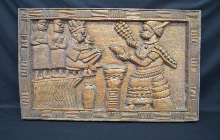 Carved hardwood possibly African panel of figures with carved border - 84cm x 52cm x 5cm - £245