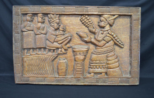 Carved hardwood possibly African panel of figures with carved border - 84cm x 52cm x 5cm - £245