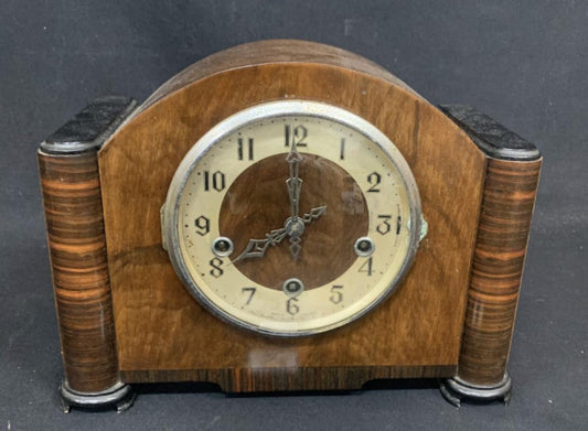 Art Deco Walnut chiming mantel clock with key and pendulum - £35 Interiors
