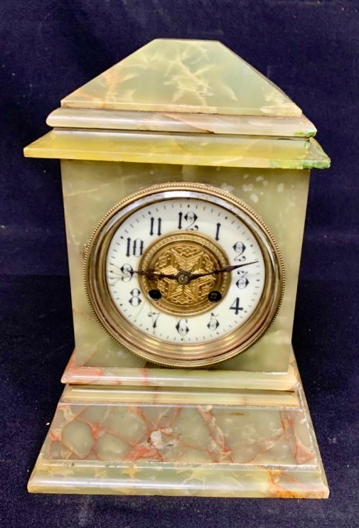 Antique Green Marble Mantle Clock, with Key, height 27cms - £79 Interiors