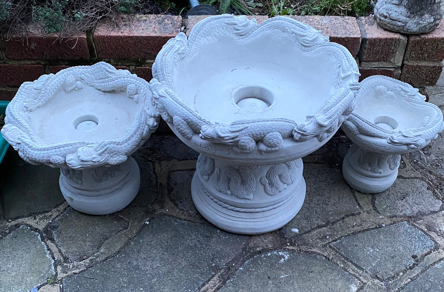 Signed Helen Young 3-Tier Dragon Planter – Japanese Style Cast Stone (65kg) - Garden Salvage Ornament