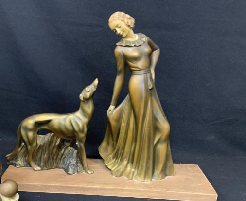 Art Deco Figure Women and Greyhound by Salvatore Melani - Painted Plaster Figure On Wooden Plinth - height 49cms, repairs to base - £120 - Interiors