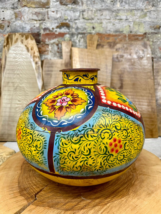 Vintage Painted Indian Water Pot Vase / Riveted Hand Beaten Metal Plant Pot B