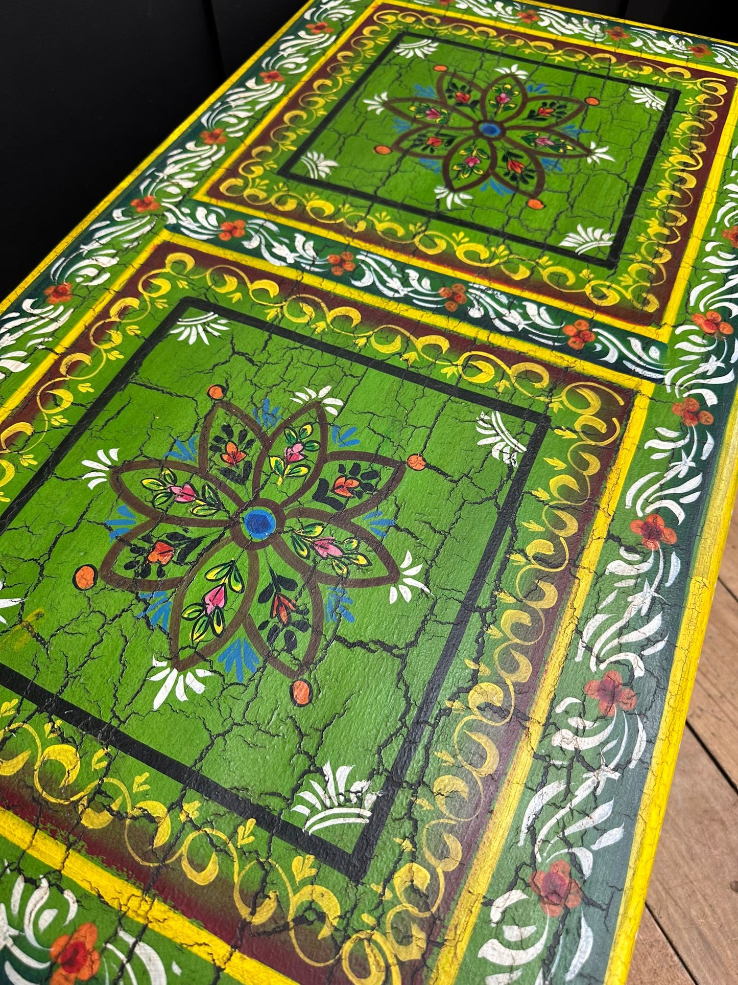 Vintage Indian Hand Painted Trunk Blanket Chest / Coffee Table / Sideboard Green