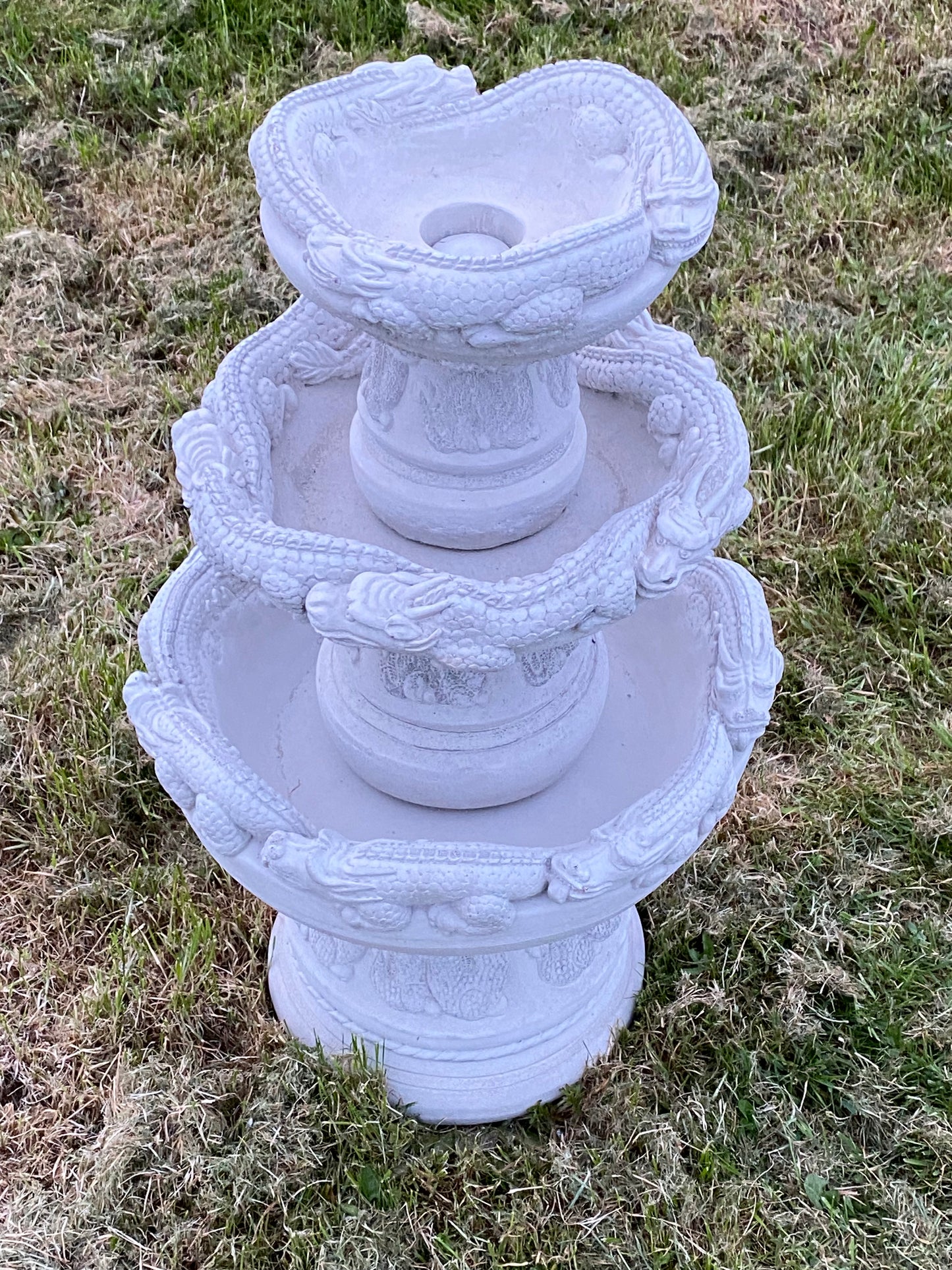 Signed Helen Young 3-Tier Dragon Planter – Japanese Style Cast Stone (65kg) - Garden Salvage Ornament