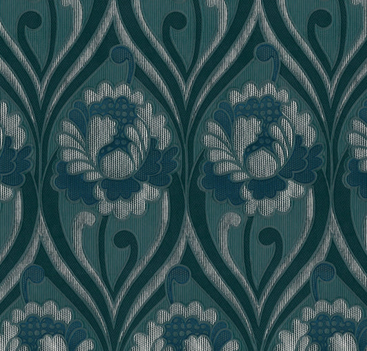 Vintage floral damask Wallpaper - Petrol