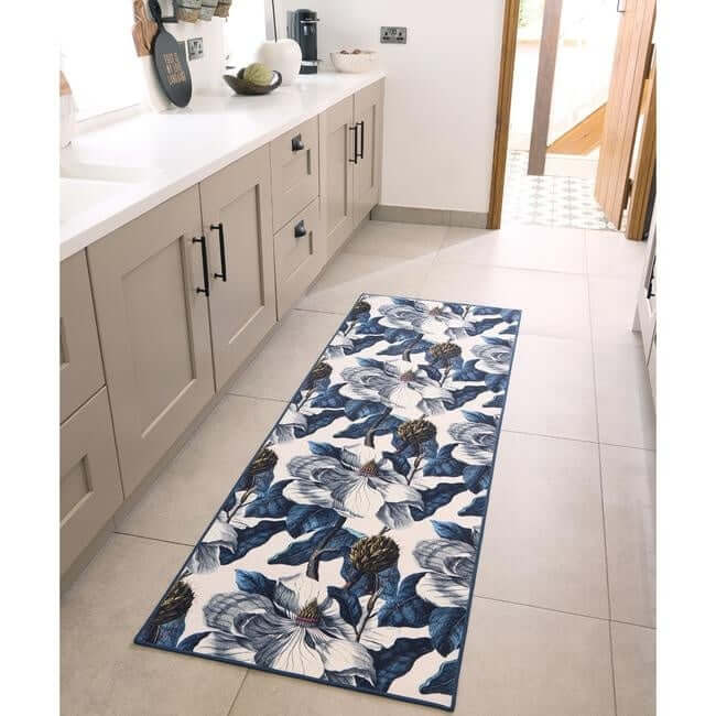 Eco-Washable Blue Rug Floral Design