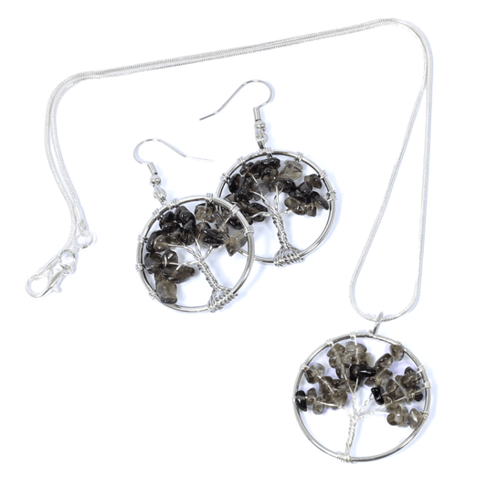 Smokey Quartz Tree Of Life Jewellery Set (Necklace & Earrings)