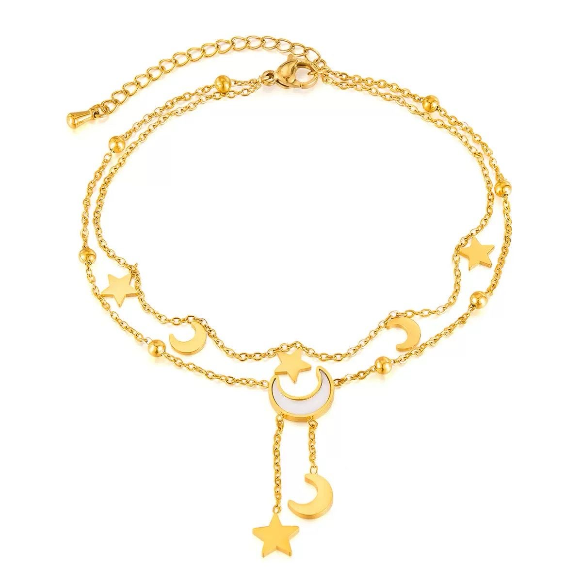 Cassia Luxe 18k Gold Double Layer Celestial Moon and Star Gold Anklet