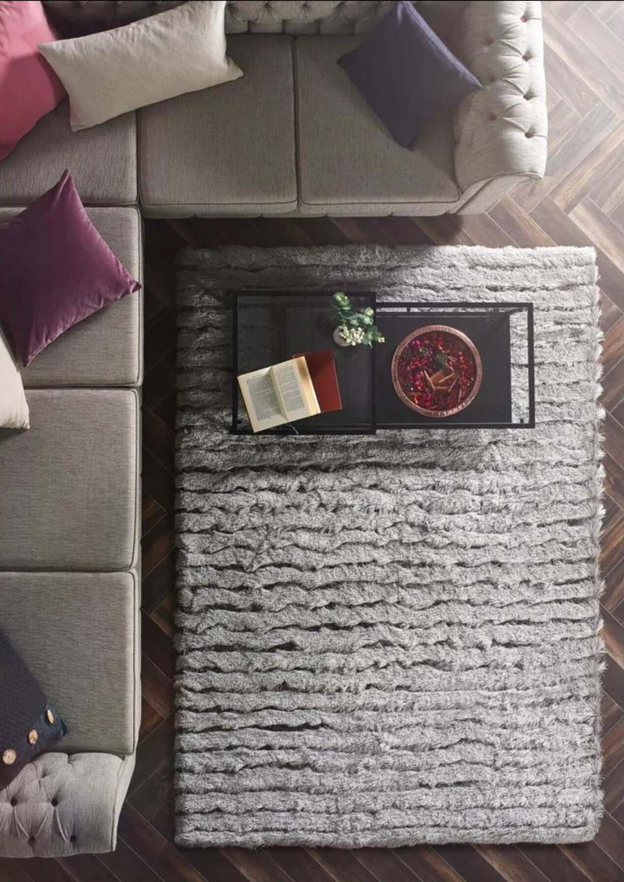 Carved Glamour Silver Grey Shaggy Rug