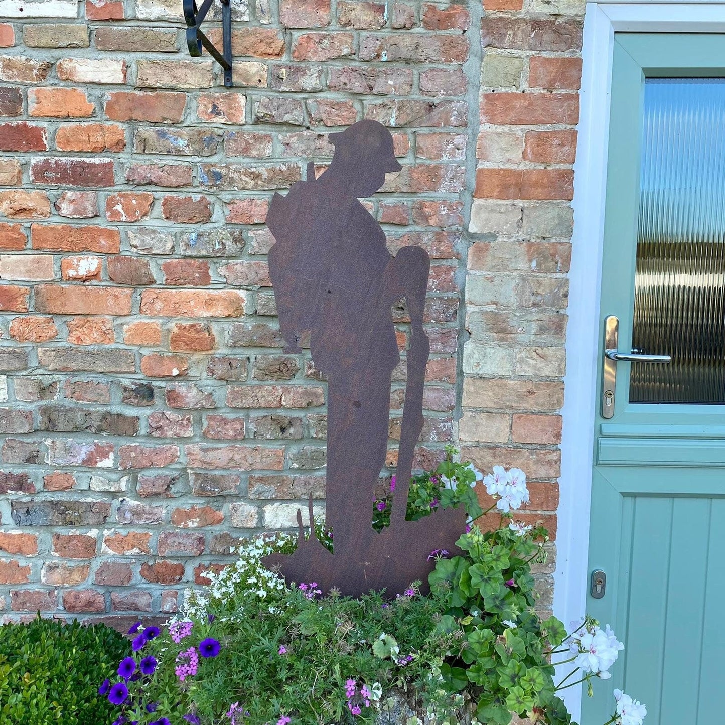 Rusty Metal Soldier Garden Statue, Remembrance Feature