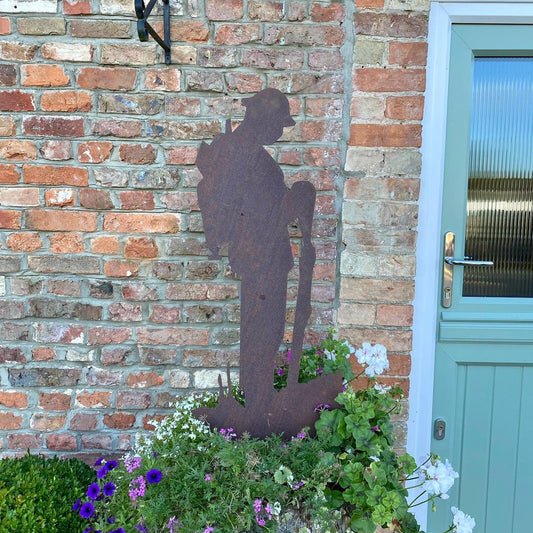 Rusty Metal Soldier Garden Statue, Remembrance Feature