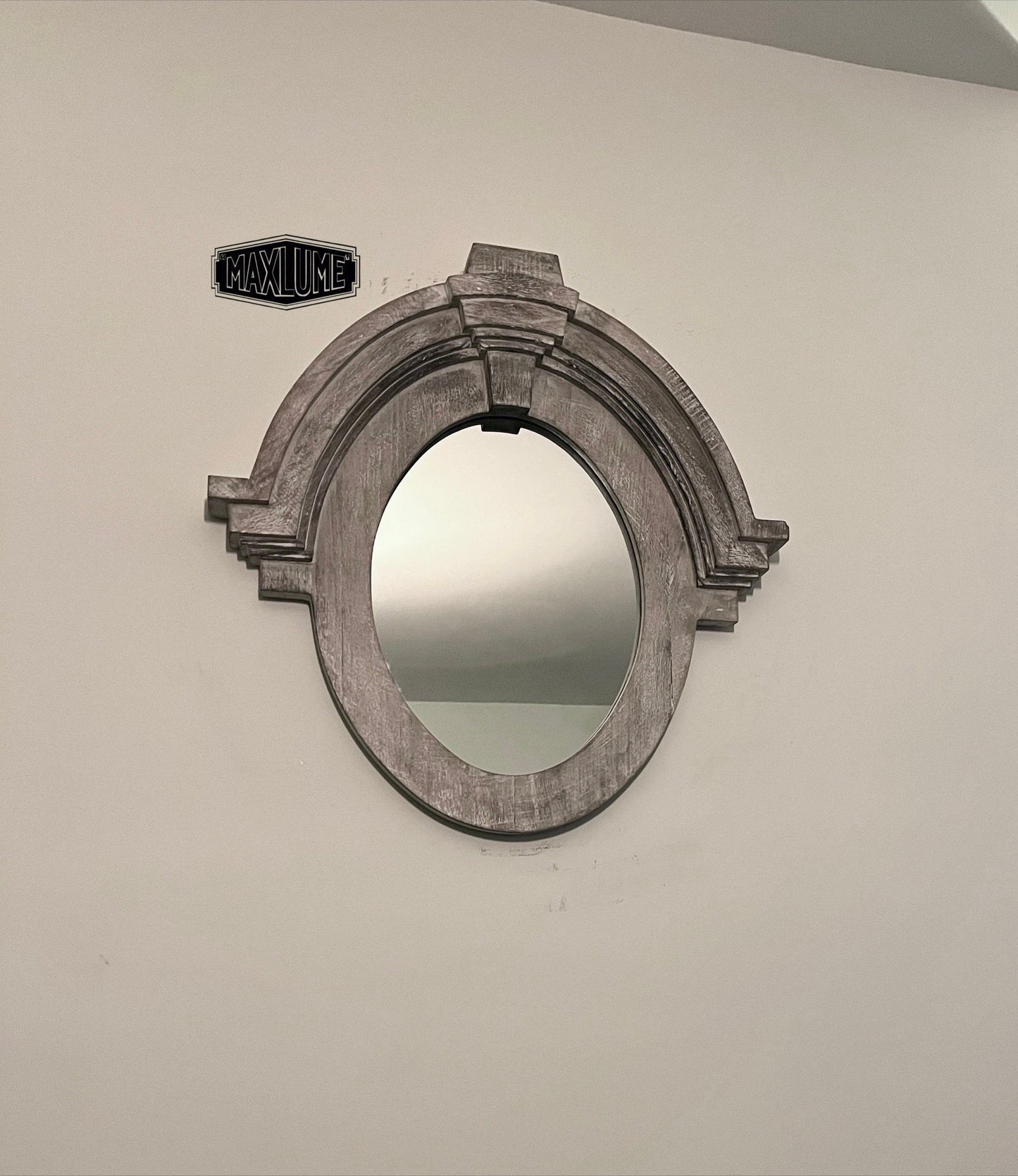 Maxlume ~ Mansard Arched Oval Mirror | Solid Wooden White Washed | Mango Wood | Gift Idea