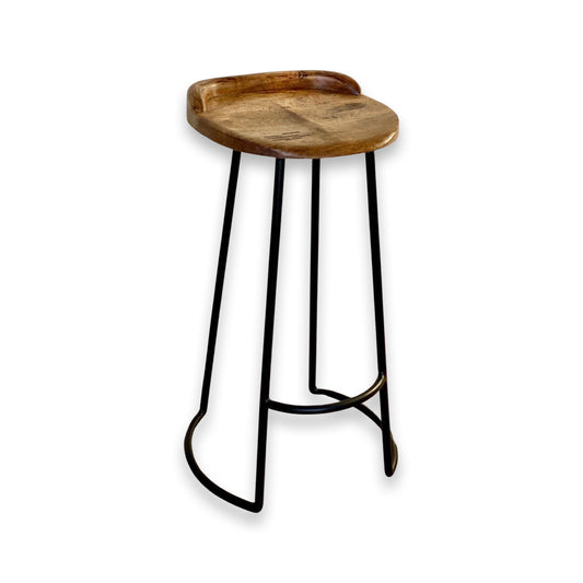 Solid Mango Wooden Top Bar Stool Hand Crafted | Solid Cast Metal | Floor Standing | Kitchen Black Iron | Industrial Tractor Seat