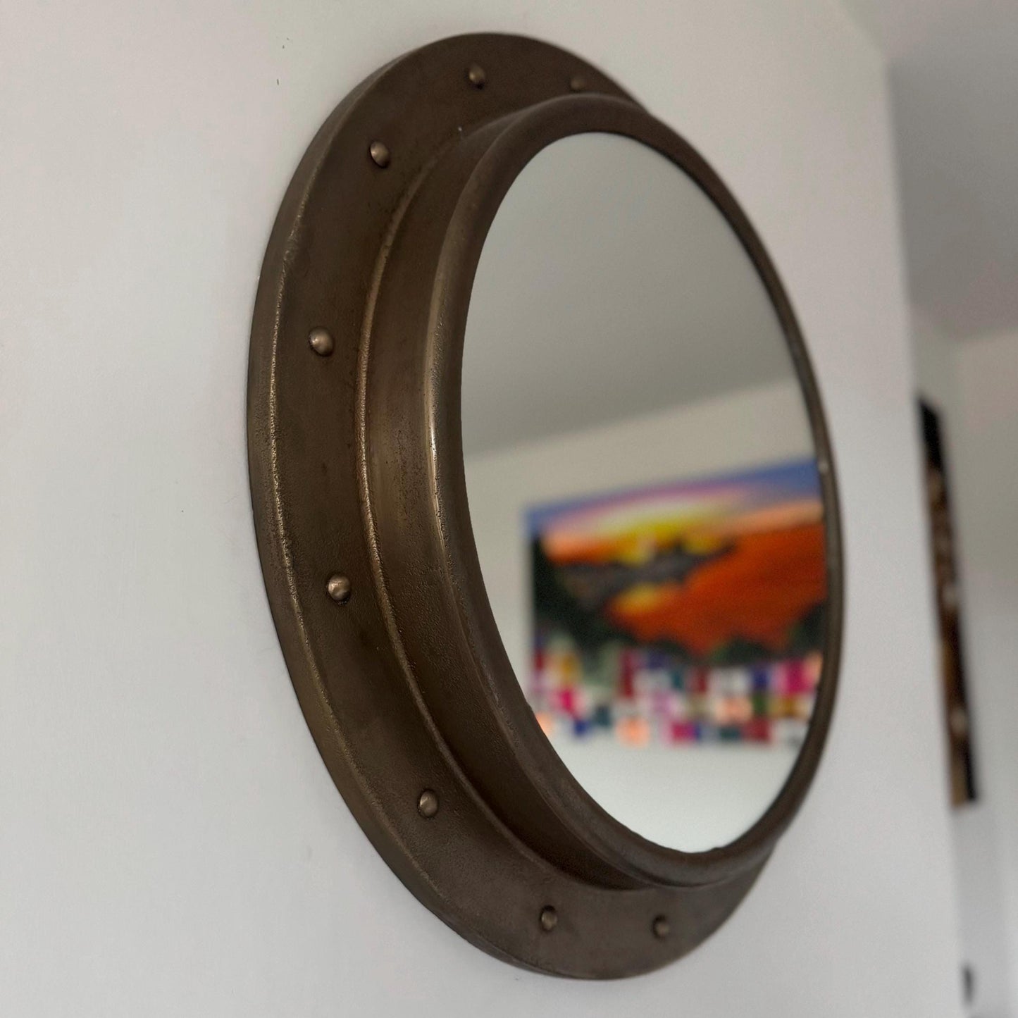 Oversized XL Antique Brass Mirror Solid Cast Nautical Industrial US Navy Deck Yacht Master ~ 61cm