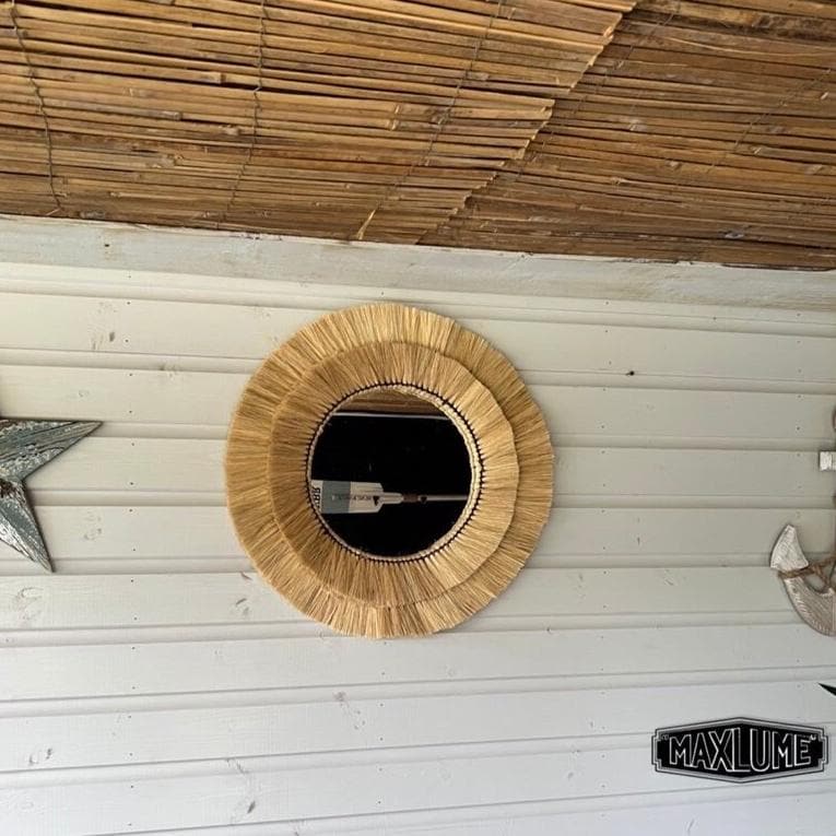 Maxlume ~ Handmade Round Wall Glass Mirror double contour cane raffia for an ultra trendy decoration | made by hand | 22 Inch