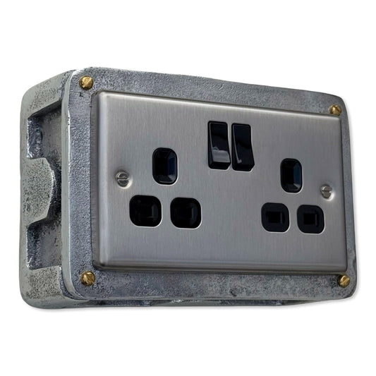 Brushed Steel Double Switched 13A Power Socket 230V 2 Gang 2G Socket Cast Metal Conduit Switch Industrial - BS EN Approved Vintage