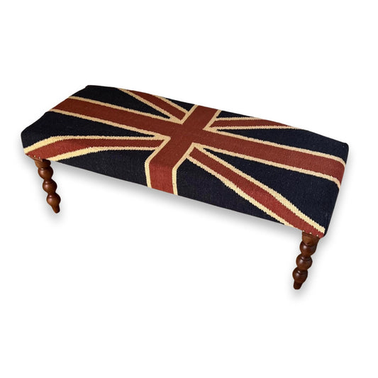 Union Jack Flag Bench Ottoman | Great Britain | Pouf Solid Base | Vintage Style | Floor Standing | Man Cave Stool