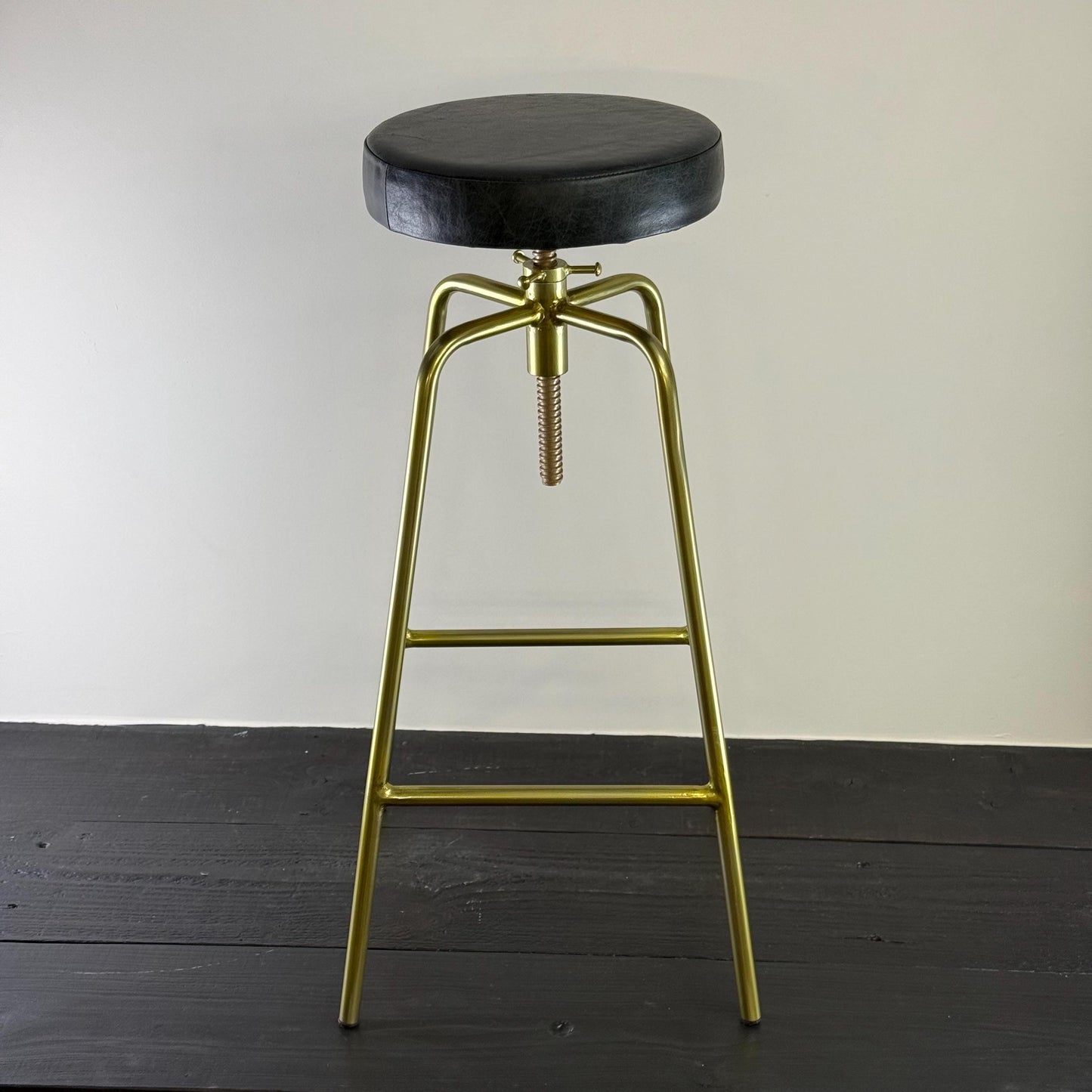 Patinated Brass Industrial Leather Bar Stool | Vintage Style | Solid Cast Metal | Floor Standing