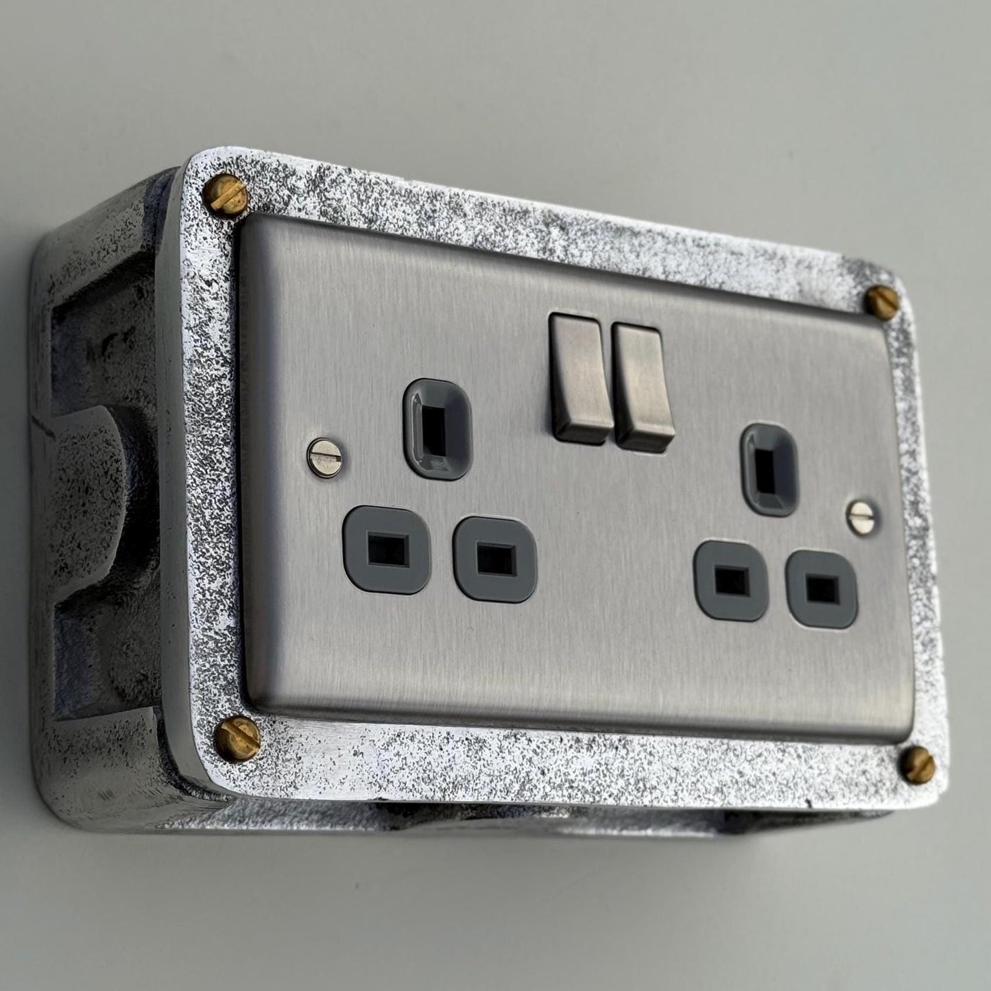 Brushed Steel Double Switched 13A Power Socket Grey Insert 230V 2 Gang 2G Socket Cast Metal Conduit Industrial