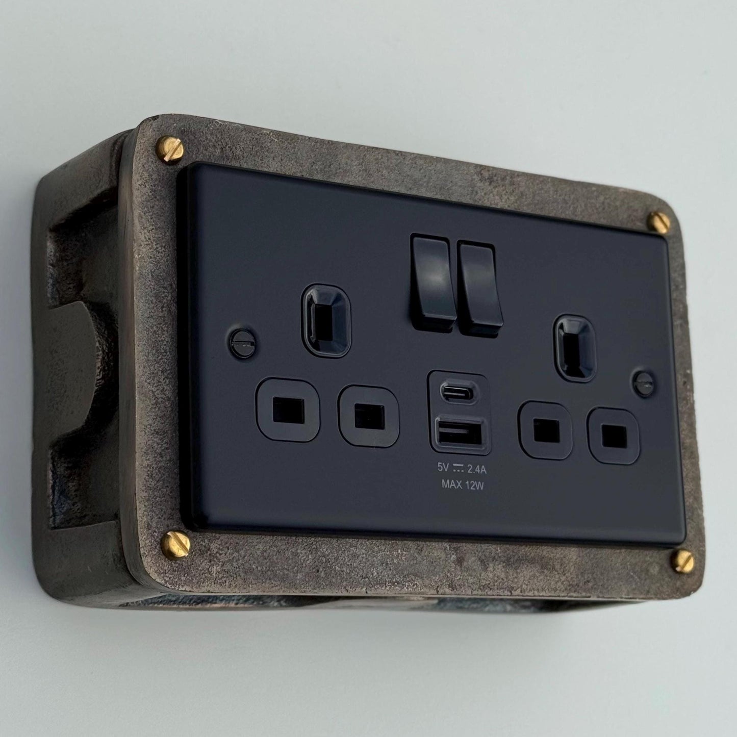 Matt Black Double Gang Plug Socket with Industrial Antique Brass Back Conduit Box