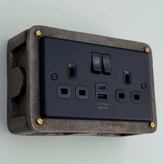 Matt Black Double Gang Plug Socket with Industrial Antique Brass Back Conduit Box