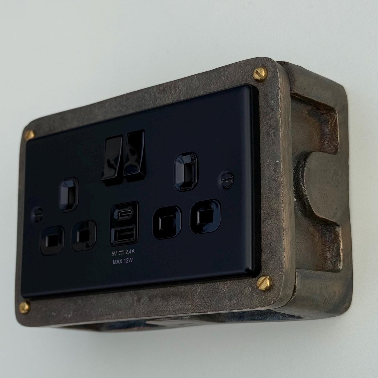 Matt Black Double Gang Plug Socket with Industrial Antique Brass Back Conduit Box