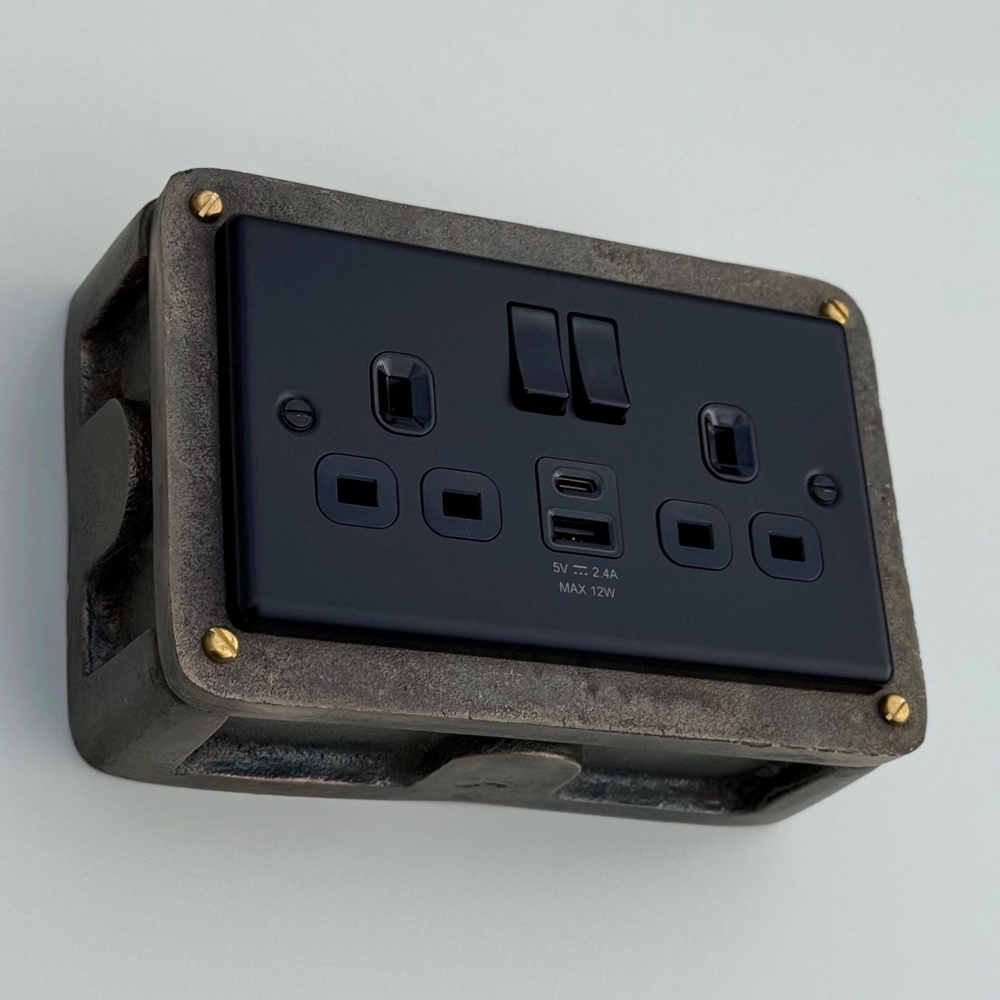 Matt Black Double Gang Plug Socket with Industrial Antique Brass Back Conduit Box