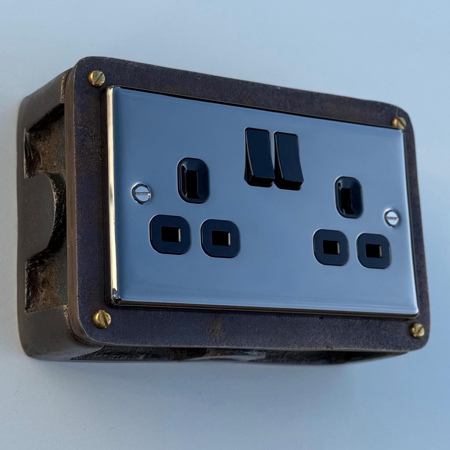 Black Nickel Double Switched 13A Power Socket 230V 13A 2 Gang 2G  Solid Metal Antique Brass Conduit Switch Industrial - BS EN Approved