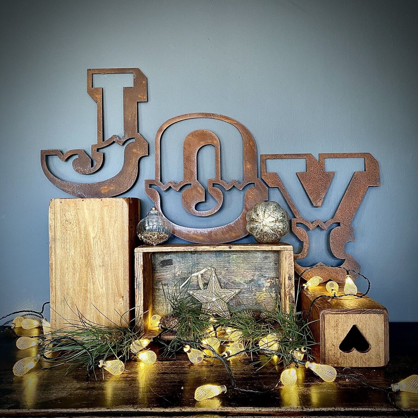Christmas Mantle Fireplace Decoration JOY In Rustic Rusted Carnival Letters 12 Inches Tall.