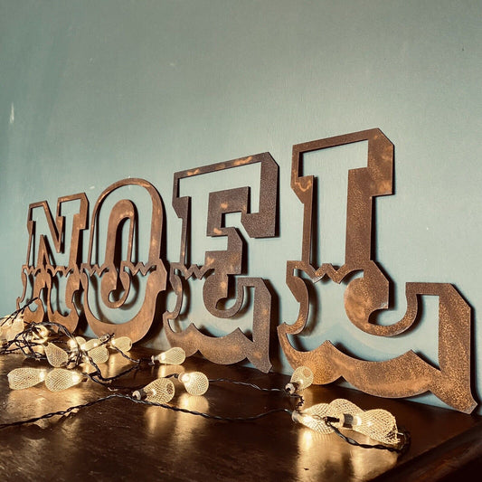 Christmas Fireplace Mantle Sign Decoration NOEL in 12 inch Tall Rustic Rusted Carnival Letters